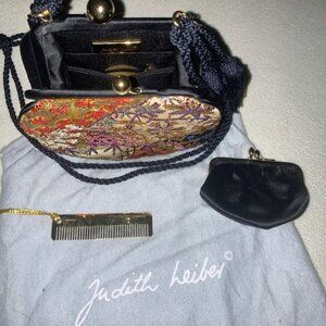 Vintage 1990s Judith Leiber Patchwork Rhinestone Satin Coin Purse w/ Comb & Mini